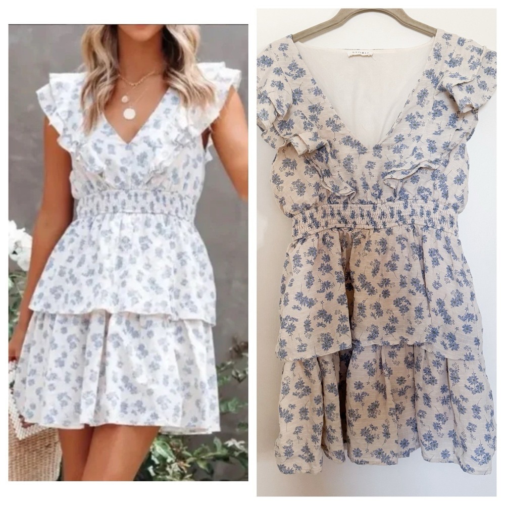 Storia Mini Babydoll Dress Women's LARGE Ivory Blue Floral Cottage Core‎ Spring